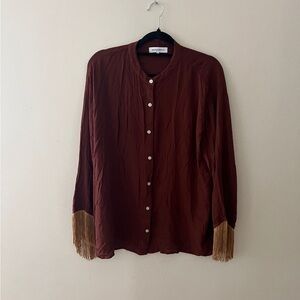 WeWoreWhat Brown Button-Up Top with Gold Fringe
